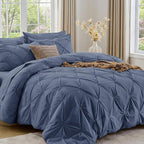 Sasttie Queen Comforter Set, 7-Piece Bed in a Bag, Pintuck Bedding Sets for All Season, Includes Comforter, Flat Sheet, Fitted Sheet, Pillowcases and Pillowshams, Indigo Blue