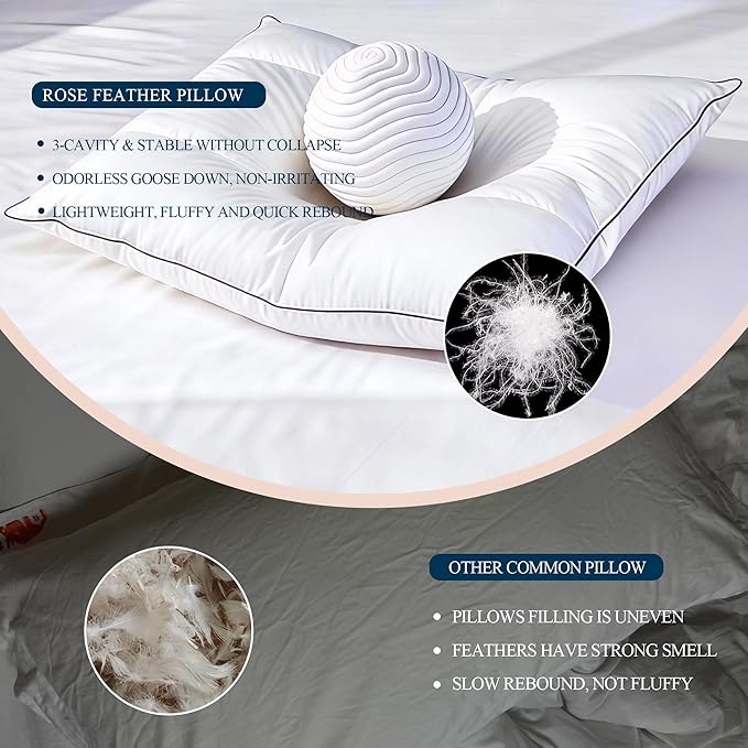 Goose Down Feather Pillows Queen Size Set of 2 with Soft Cotton Cover for Side Back Stomach Sleepers 3-Zone Cervical Neck Support Hotel Collection Bed Pillow (2, Queen)