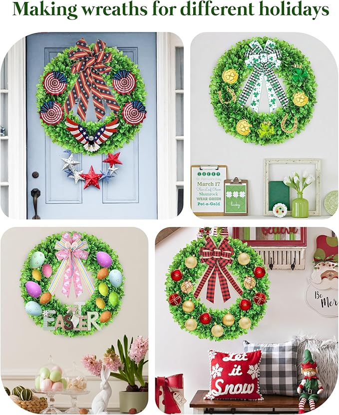 DDHS 24 Inch Large Boxwood Wreath for Front Door, Round Artificial Spring Summer Greenery Wreath with Hello Sign & Sash, Green Wreaths for Farmhouse Wedding Year Round Indoor Outdoor Home Decor