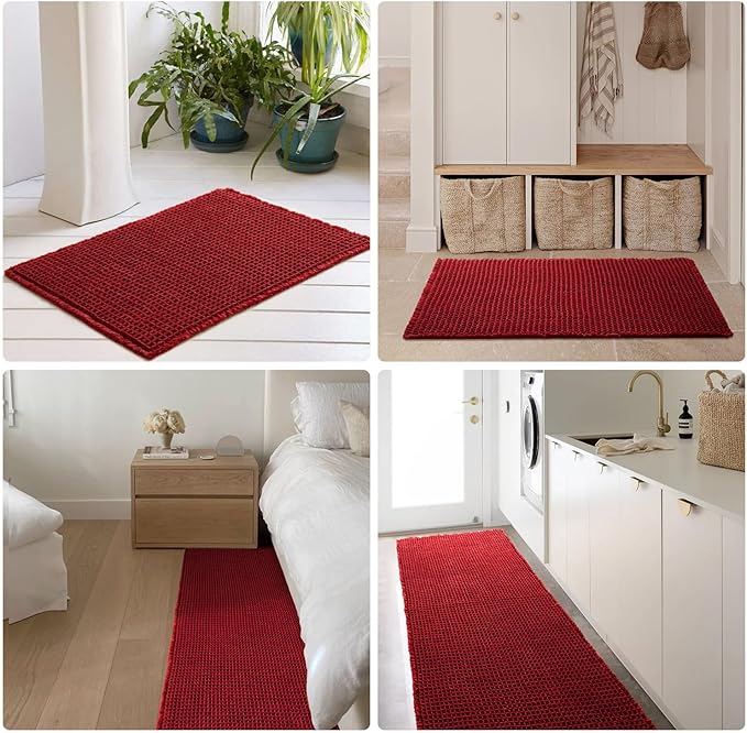 Waffle Bath Mat, Boho Bathroom Rugs Non Slip Washable Super Absorbent Quick Dry Bath Mat Farmhouse Bathroom Decor, 24"x16" Burgundy