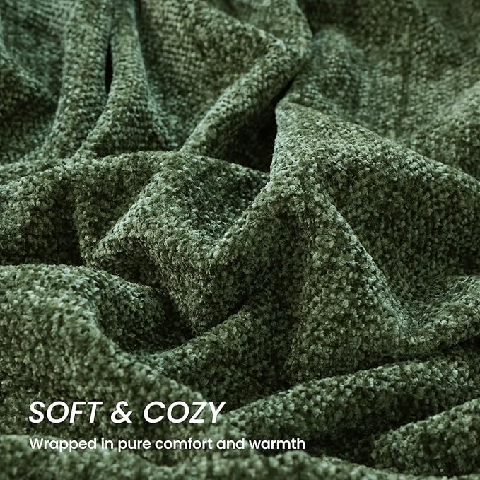 Olive Green Chenille Throw Blanket for Couch Bed，Soft Cozy Throw Blanket with Handmade Fringe, Decorative Blanket for Sofa Chair Living Room for Gift, (Olive Green)