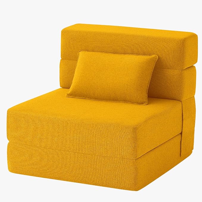 FILUXE Convertible Folding Sofa Bed-Sleeper Chair with Pillow, Modern Linen Fabric Floor Futon Couch, Foldable Mattress for Living Room/Dorm/Guest Use/Home Office/Apartment,Single Size,Orange
