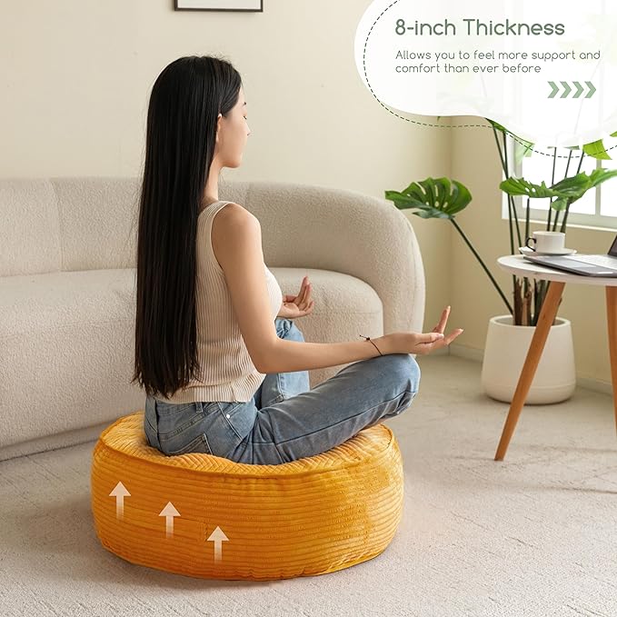 8" Washable Floor Pillow Cushion for Adults, Meditation Cushion Pillow, Large Round Floor Sitting, Removable Tufted Corduroy Cover, for Tatami Living Room or Yoga, 22x22 Inch, 2Pack, Machine Washable