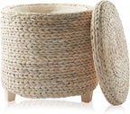Casafield 17" Round Storage Ottoman with Lid - Whitewash, Handwoven Water Hyacinth Footstool for Living Room, Bedroom, Bathroom, Home Office