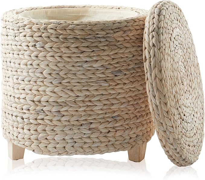 Casafield 17" Round Storage Ottoman with Lid - Whitewash, Handwoven Water Hyacinth Footstool for Living Room, Bedroom, Bathroom, Home Office
