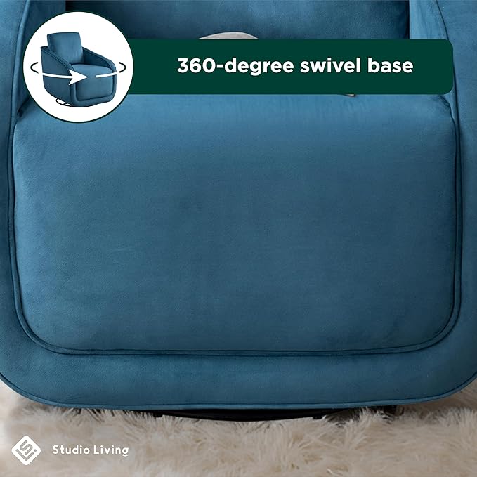 Studio Living® Lydia 35.3" Swivel Accent Chair, Modern Boho, Fully Assembled, Pocket Coil Comfort, Round Swivel Base Leg, Soft Velvet Fabric, Blue
