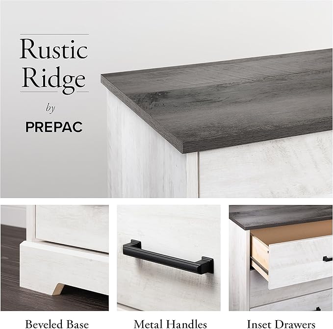 Prepac Rustic Ridge Farmhouse Dresser, Washed White Dresser for Bedroom, Chest of Drawers with 5 Drawers 18.5" D x 27.5" W x 43.5" H, ABDR-1605-1