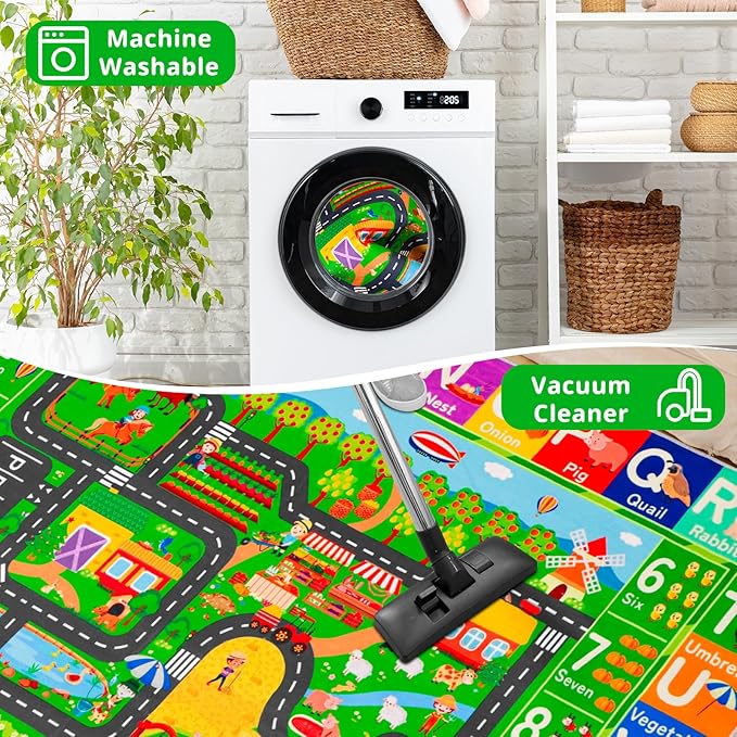 Kids Rugs for Toy Cars Playroom 110"×78.7" ABC Farm Life Road Traffic Kids Car Road Rugs Village Map Play Mat for Toddlers Boys Room Family Tummy Time Playtime Learning Carpet