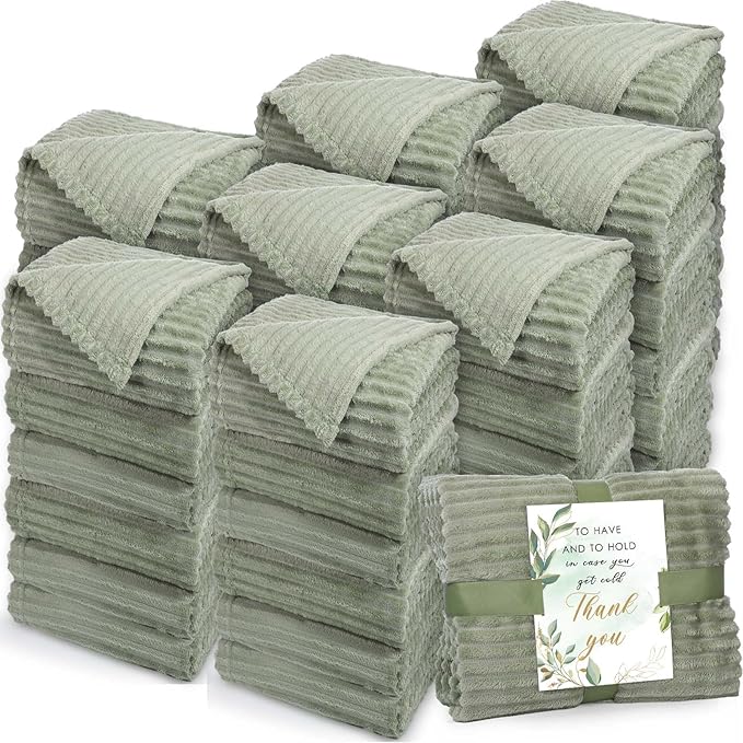 Buryeah 48 Pcs Wedding Flannel Fleece Throw Blanket Bulk with Thank You Card and Ribbon, 50 x 60 in Oeko-TEX Standard 100 Certified Blankets Outdoor Wedding, Guest Party Souvenirs (Sage Green)