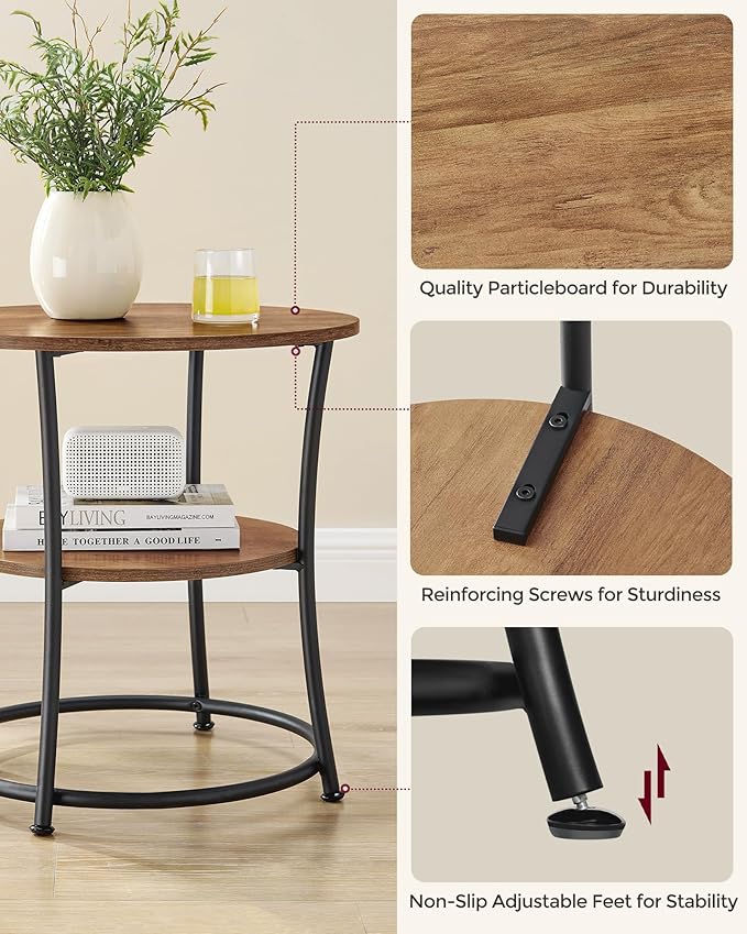 VASAGLE 21.7-Inch Round Side Table, 2-Tier End Table, Nightstand with Steel Frame, Spacious Top, for Small Spaces, Living Room, Bedroom, Honey Brown and Ink Black ULET056B41
