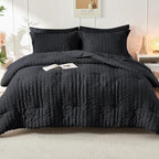 HYMOKEGE Black Queen Comforter Set Seersucker 7 Pieces, All Season Luxury Bed in a Bag for Bedroom, Bedding Set with Comforters, Sheets, Pillowcases & Shams