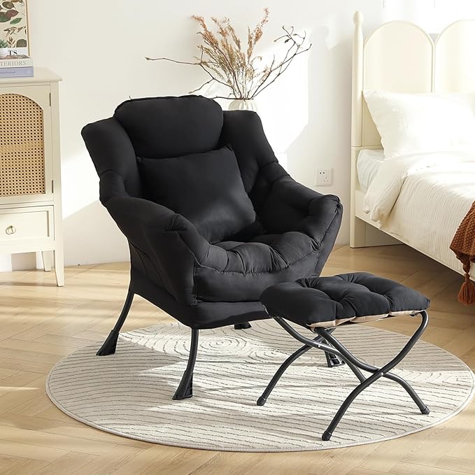 Lazy Chair with Ottoman, Large Lounge Accent Chair with Ottoman and a Throw Pillow, Black Reading Chair for Living Room Bedroom Dorm Room Office Apartment Relaxing Use