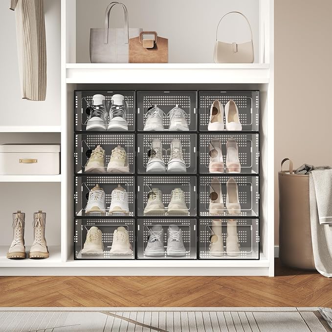 DUMOS Clear Shoe Storage Boxes, 12-Pack Plastic Stackable Shoe Containers with Lids, Display Sneaker Case Organizer for Closet, Under Bed, Entryway,Black (Fit Size 9)