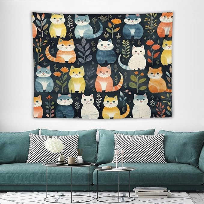 VUMIVI Cartoon Abstract Cat Tapestry Fun Cute Animals Plants Bohemian Modern Art Color Illustration Tapestry Wall Hanging for Living Room Bedroom Dorm Classroom Aesthetic Decor W80xL60in