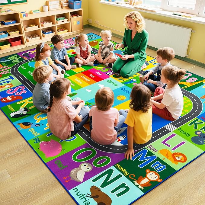 HOMORE Kids Educational Rug, 8x10 Kids Collection Area Rug for Learning Alphabet, Numbers, Colors, Season and Animal Words, Playmat for Classroom Playroom,Green