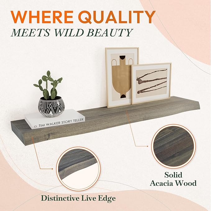 36" Acacia Live Edge Floating Shelves Set of 2 - Wall Mounted Wooden Shelf for Stylish Home Décor - Mocha Color 36x7.5x1.5 Inches