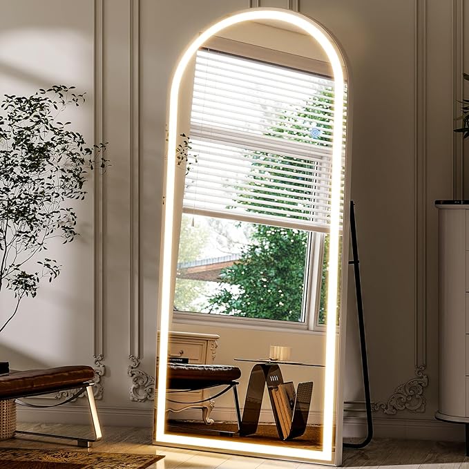 GLSLAND 26"x68" Arched LED Full Length Mirror with Lights Wall Mounted/Standing, Dimmable Floor Lighted Mirrors W/Anti-Fog, Touch Control for Bedroom, Dressing Room