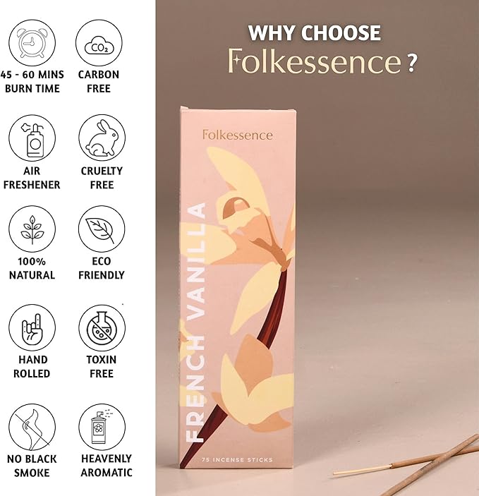 Folkulture Incense Sticks (75 Sticks) |8" French Vanilla Incense Sticks For Meditation, Aromatherapy, Valentines Day Gifts For Her | No Charcoal,Organic, Non Toxic, 45 Min, Long Burning Insence-Sticks