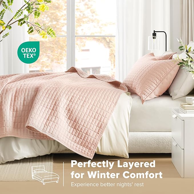 Comfort Spaces Kienna Quilt Set- Double Sided Stitching Design Summer Blanket, Lightweight, Soft, All Season Bedding Layer, Matching Sham, Blush, Coverlet King (104"x90") 3 Piece