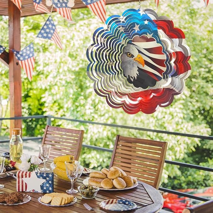 3D Eagle Wind Spinner - American Flag Eagle Design, 12In Holographic Hanging Wind Sculptures, Outdoor Yard Garden Decor for 4th of July, Memorial Day, for Men Women Dad Mom