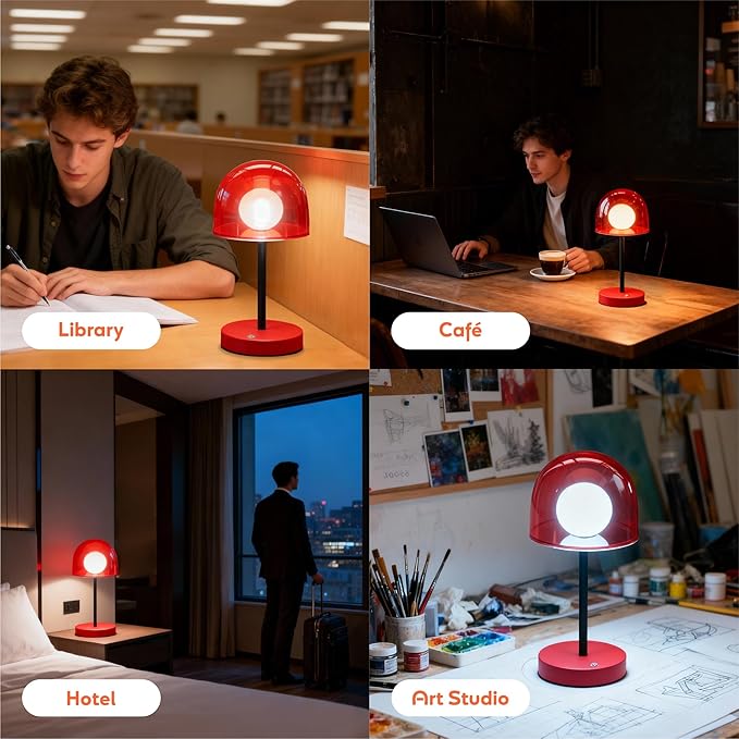 Small Mushroom Lamp Orange, LED Cordless Kitchen Lamp with 3CCT & Stepless Dimming, Rechargeable Mini Light for Art Room Study and Desk (Reddish Orange)