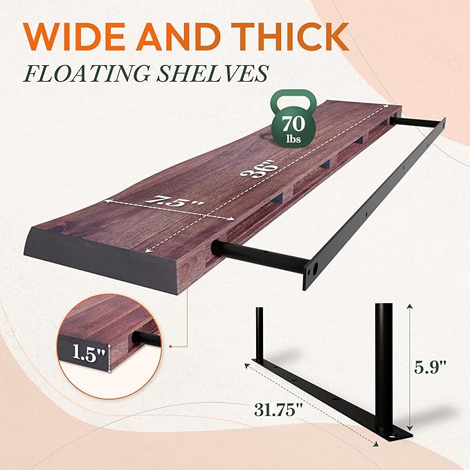 36" Acacia Live Edge Floating Shelves Set of 2 - Wall Mounted Wooden Shelf for Stylish Home Décor - Cherry Color 36x7.5x1.5 Inches