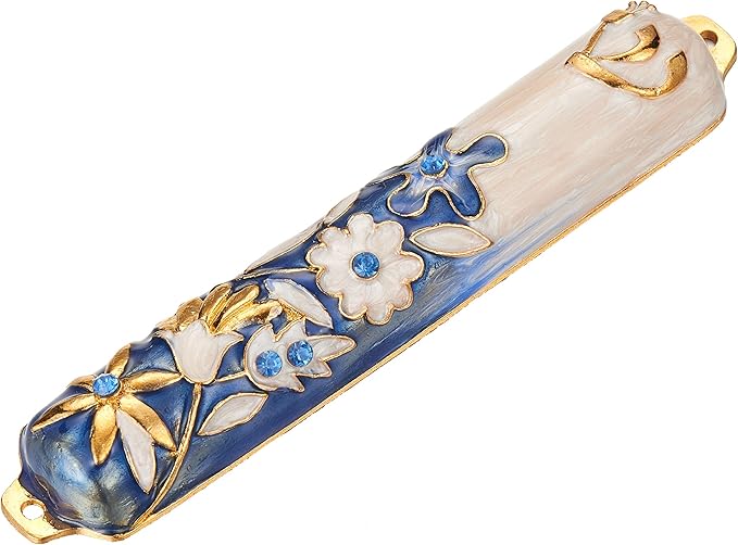 Matashi Hand Painted Blue and Ivory Enamel Flower Mezuzah Embellished with Gold Accents and Crystals Home Door Wall Decor Housewarming Present Gift for Festival(5.5 inch)