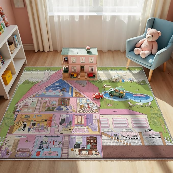 4x6ft Kids Doll House Play Rug,Non-Slip Faux Wool Carpet with Interactive English Words, Educational House Rooms Design for Playroom, Bedroom, Nursery Gift