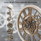 Wall Clock, 24 Inch Moving Gears Clock Large Wall Clock for Living Room Decor Rustic Vintage Industrial Steampunk Farmhouse Big Clock for Home Kitchen Bedroom Office