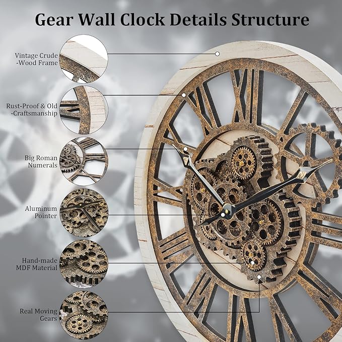 Wall Clock, 24 Inch Moving Gears Clock Large Wall Clock for Living Room Decor Rustic Vintage Industrial Steampunk Farmhouse Big Clock for Home Kitchen Bedroom Office