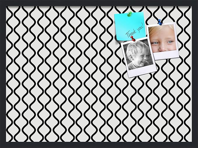 PinPix 30x22 Inch Cork Bulletin Board. This Decorative Framed Pin Board Comes with Black and White Waves Design and a Satin Black Frame. Ideal for Home Office Decor or Message Board (PinPix-194)