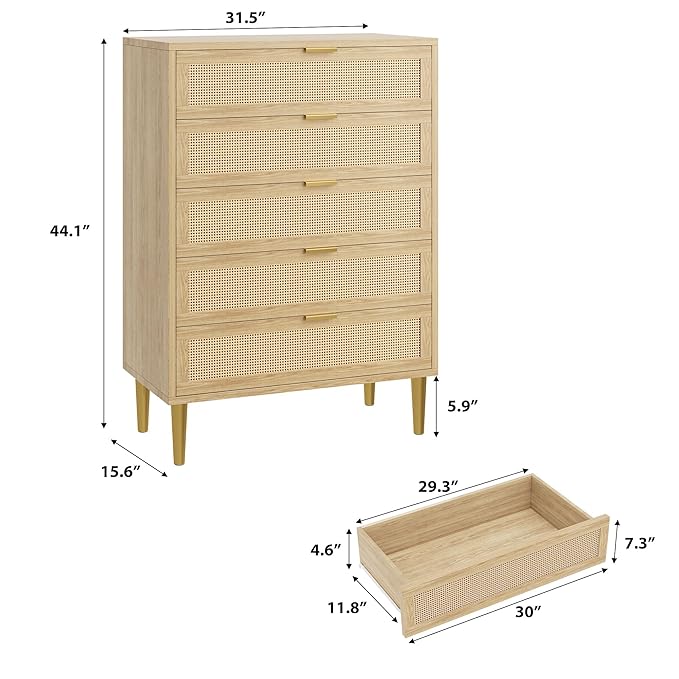 GarveeHome Rattan 5 Drawer Dresser, Modern Chest of Drawers with Gold Legs and Gold Handles, Tall Dresser with Large Tabletop and Anti-Tipping Design for Bedroom Living Room, Natural