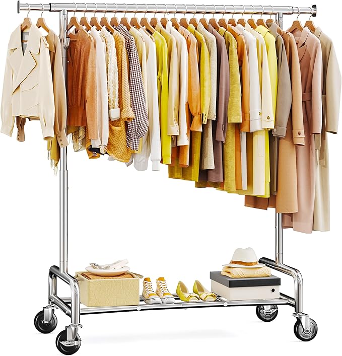 Raybee 75" W Heavy Duty Clothes Rack, 450 LBS Clothing Rack with Lockable Wheels, Sturdy Clothing Racks for Hanging Clothes, Extendable Garment Rack for Bedroom, Laundry Room, Commercial