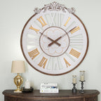 24 Inch Large Farmhouse Wall Clock - Rustic Antique Wood with Metal Circle & Engraved Numerals, Silent Battery Operated Clock for Living Room, Office, Kitchen, Bedroom