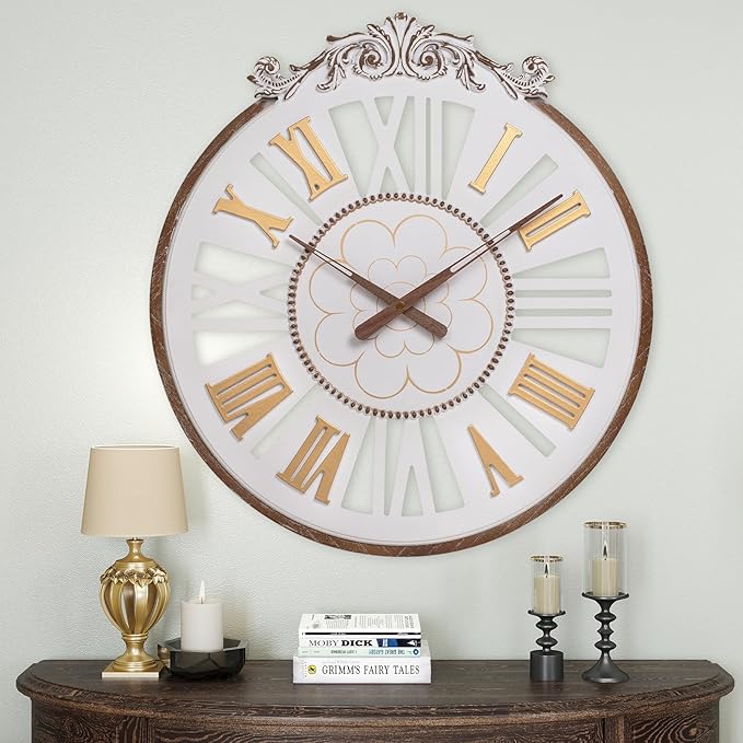 24 Inch Large Farmhouse Wall Clock - Rustic Antique Wood with Metal Circle & Engraved Numerals, Silent Battery Operated Clock for Living Room, Office, Kitchen, Bedroom