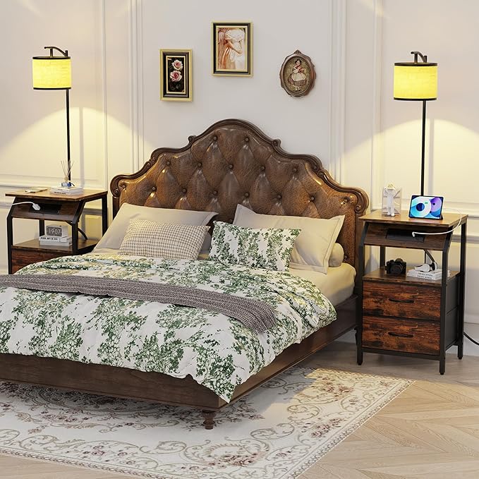End Table with Floor Lamp, Nightstand with Charging Station, Floor Lamp Table with 3-Color Temperature Bulb, Bedside Table Night Stand with 2 Drawers for Bedroom, Living Room, Brown