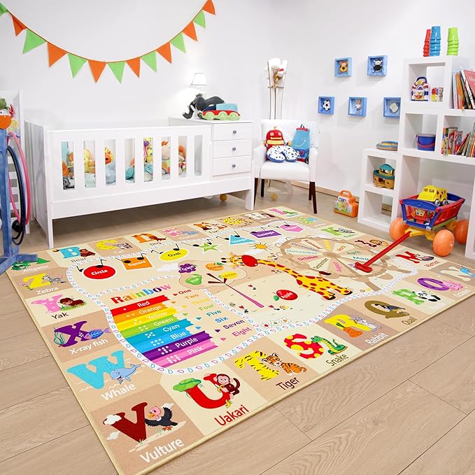 Chicrug Educational Kid Area Rug for Playroom, 7x10 Feet TPR Non Slip Kids Classroom Carpet Rug for Learning ABC Animal,Shape Color Fruit, Washable Play Mat Rug for Children Nursery Toddler Room Decor