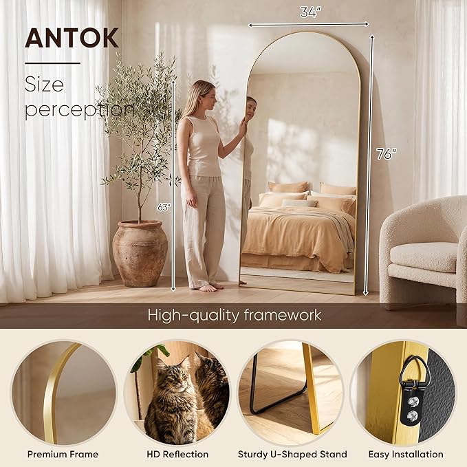 Antok Full Length Mirror, 76"x34" Floor Mirror, Arched Floor Standing Freestanding Arch Full Body Mirrors with Stand for Bedroom, Hanging Mounted for Living Room Cloakroom,Gold