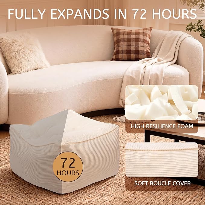 Square Corduroy Pouf Ottoman, Soft Fluffy Foot Stool with Foam Chunk Filling, Floor Pouf & Storage Ottoman for Living Room, 21" x 21" x 14", Off-White