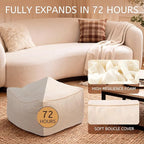 Square Corduroy Pouf Ottoman, Soft Fluffy Foot Stool with Foam Chunk Filling, Floor Pouf & Storage Ottoman for Living Room, 21" x 21" x 14", Off-White