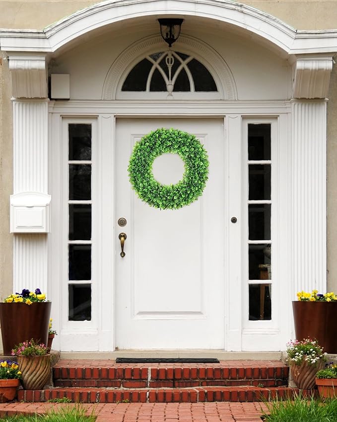 Vlorart 24 Inch Faux Round Boxwood Wreath, Weatherproof Front Door Large Wreaths Artificial Spring Summer Greenery Wreath with Sash for Farmhouse Wedding Year Round Indoor and Outdoor