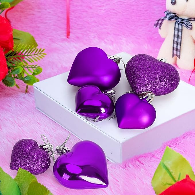 24PCS Heart Shaped Ornaments, Purple, 2 Sizes Valentines Hanging Ornaments, Glossy Baubles for Wedding Anniversary Tree Party Decorations