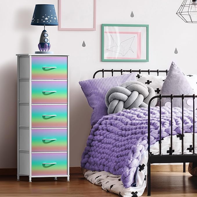 Sorbus Kids Dresser with 5 Drawers - Storage Chest Organizer Nightstand - Steel Frame, Wood Top, Tie-Dye Fabric Bins for Clothes - Wide Furniture for Bedroom, Hallway, Nursery, Closet, & Apartment
