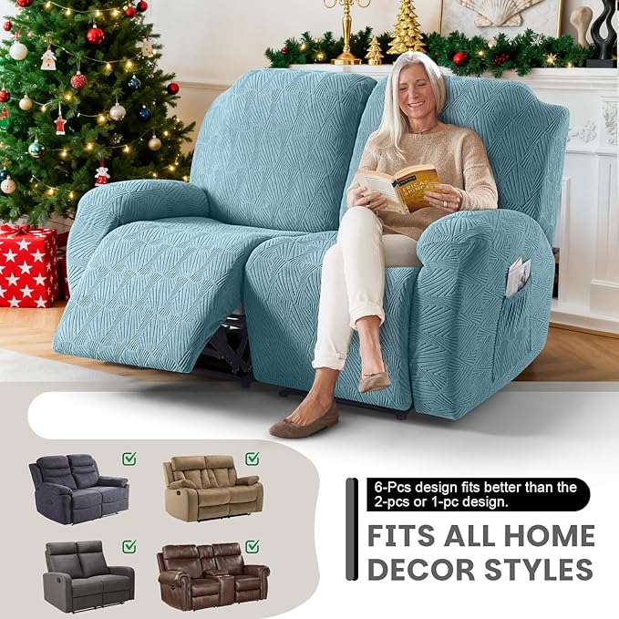 VANSOFY Recliner Loveseat Cover, 6-Pieces Stretch Dual Recliner Sofa Cover Soft Jacquard Reclining Couch Slipcover Furniture Protector with Elastic Bottom for Kid, Pets(2 Seat,Light Blue)