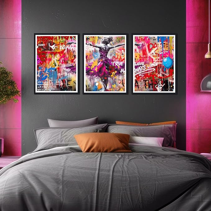 Novatique Graffiti Wall Art for Living Room Banksy Wall Art Colorful Dance Painting Print Framed Ready to Hang,16" x 24" x 3pcs