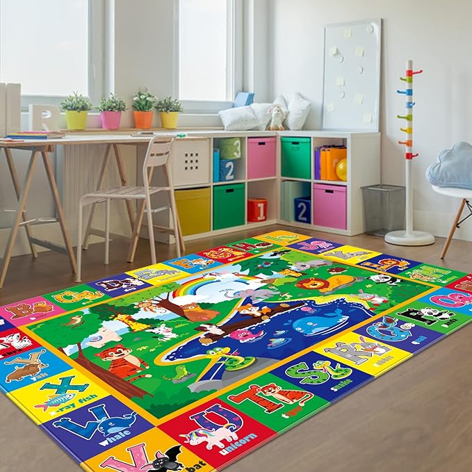 ABC Kids Rug 9'8" x 6'5", Kids Rugs for Playroom Classroom Carpet with Anti-Slip Back, Educational Preschool Rugs with ABC Animals, Extra Large Thick (9'8" x 6'5", Style 7)