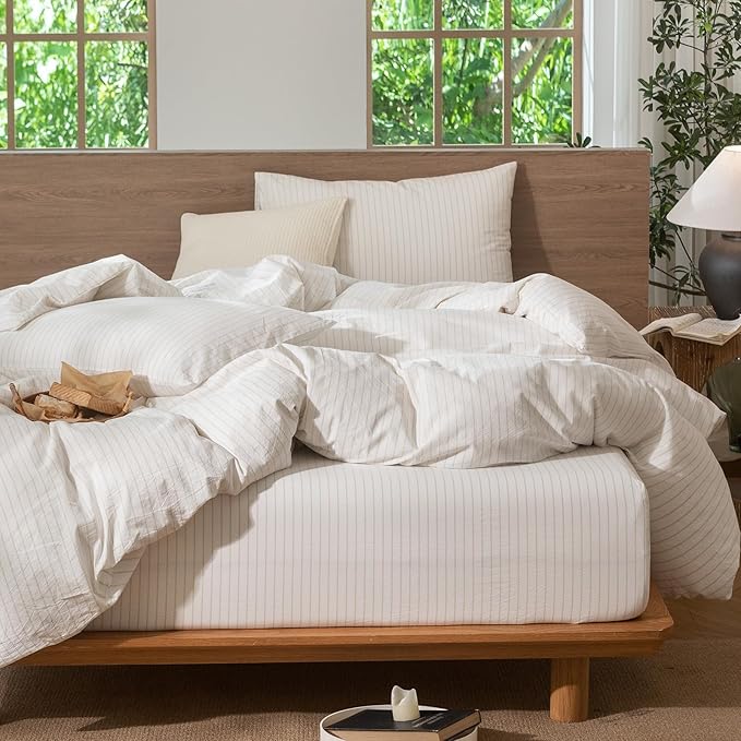 MooMee Striped Duvet Cover Set 100% Washed Cotton Linen Like Textured Breathable Durable Soft Comfy (White Almond Milk Grey Wide Stripes, Super Queen 90"x98")