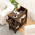 Narrow End Table with Charging Station - Farmhouse Slim Side Table Set of 2, w/USB Ports Power Outlets, Nightstand w/Flip Top Storage Drawer, for Small Spaces Living Room Bedroom, Walnut