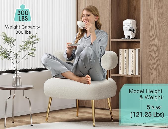 Mid Century Sherpa Boucle Accent Chair, Round Upholstered Barrel Arm Chair for Small Spaces, Fluffy Side Corner Sofa Chair for Living Room, Bedroom, Vanity, Office, Reading Nook(Cream White)
