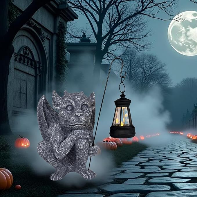 Gargoyle Statues Outdoor with Solar Lantern Gothic Garden Lamp Decor Outside Dragon Winged Gargoyle for Porch Patio Lawn Yard Ornament Trolls Figurine Gifts for Women Mom Grandma